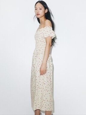 NWT H&M Cream Off Shoulder Red Floral Cream Midi Dress Cottagecore Butter Mom M